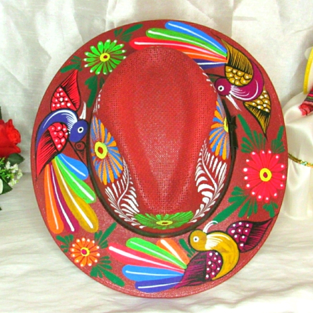 Artesenal Hand Painted Red Panama style Hat